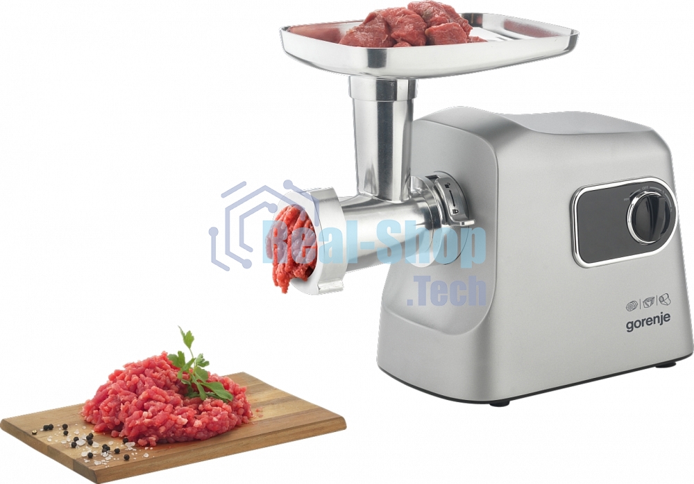 Мясорубка электрическая Gorenje MG2500DS серый, 2500 Вт, 2.8 кг/мин, реверс, защита от перегрузки, металлический лоток, насадки - 8