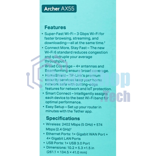 Роутер беспроводной TP-Link Archer AX55 AX3000 10/100/1000BASE-TX черный
