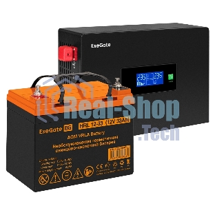 Комплект Источник бесперебойного питания EX295992RUS + батарея 33Aч EX285664RUS 1шт (инвертор, синус, для котла, PF=1, настенный) ExeGate IdealSine SR-600.LCD.2SH <600VA/600W, чистая синусоида, цветной LCD-дисплей, 2*Schuko, крепление настенное, Black> + батарея ExeGate HRL 12-33 (12В, 33Ач) 1шт