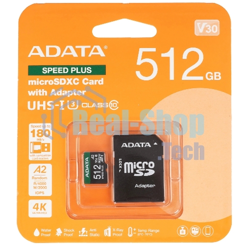 Флеш карта microSD ADATA 512Gb microSDXC Class 10 UHS-I U3 V30 A2 180/160 MB/s (SD адаптер)