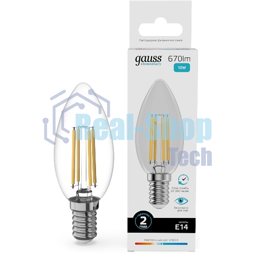 Лампа филам. Gauss Filament 10Вт цок.:E14 свеча св.свеч.бел.нейт. (упак.:10шт) (32120)