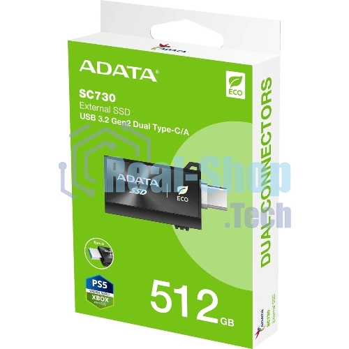 Внешний SSD ADATA SC730, 512 Gb, USB 3.2 Gen 2 Type-A/Type-C, R/W 600/600, черный