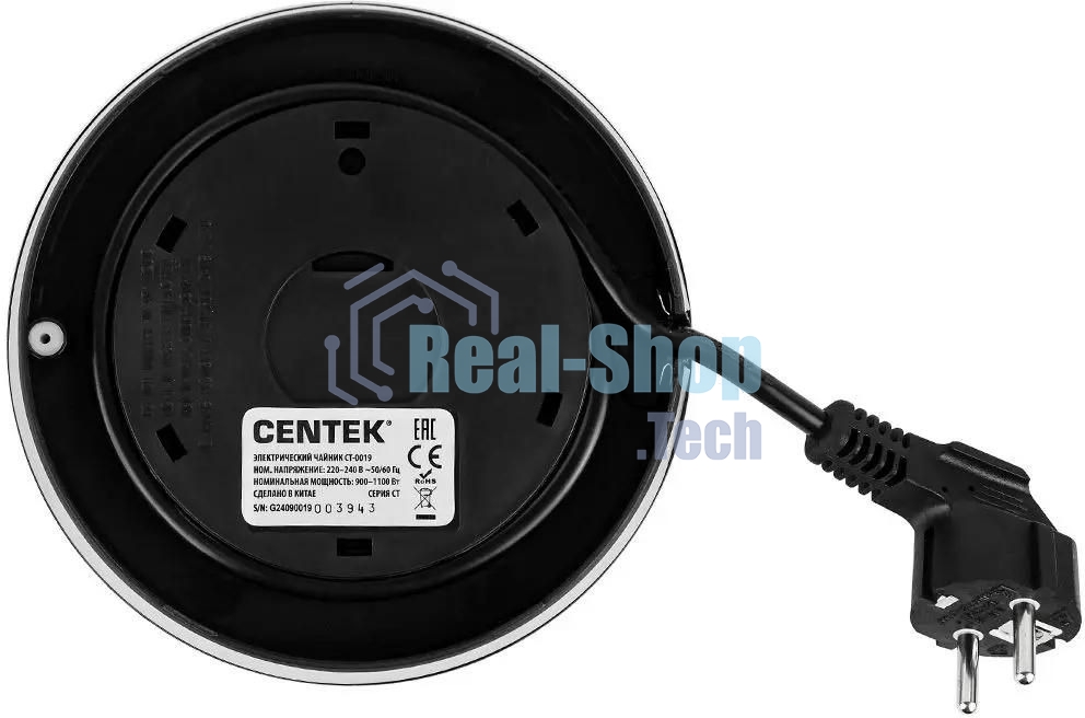 Чайник Centek CT-0019, 1100 Вт, стекло, черный и серебристый