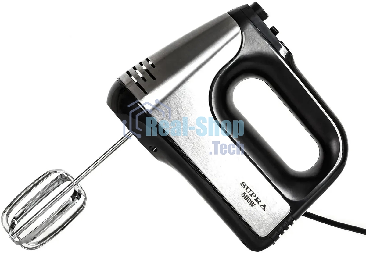 Миксер SUPRA MXS-591 500 Вт, 6 скоростей, режим Турбо, насадки для взбивания яиц и крема, насадки для замеса тяжелого теста, корпус металл/пластик, черный)