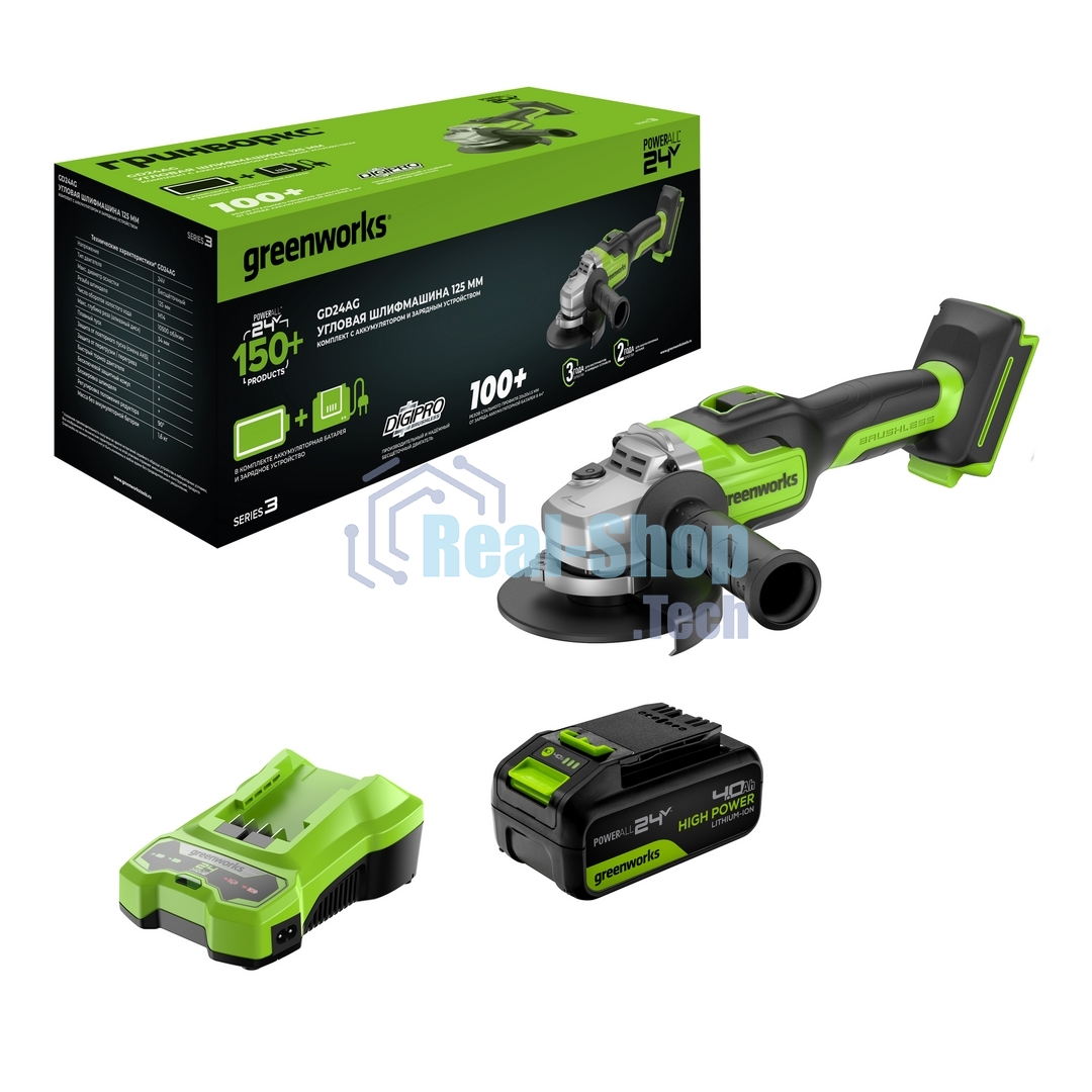 Углошлифовальная машина Greenworks GD24AG 754Вт 10500об/мин рез.шпин.:M14 d=125мм (3200207CUB)