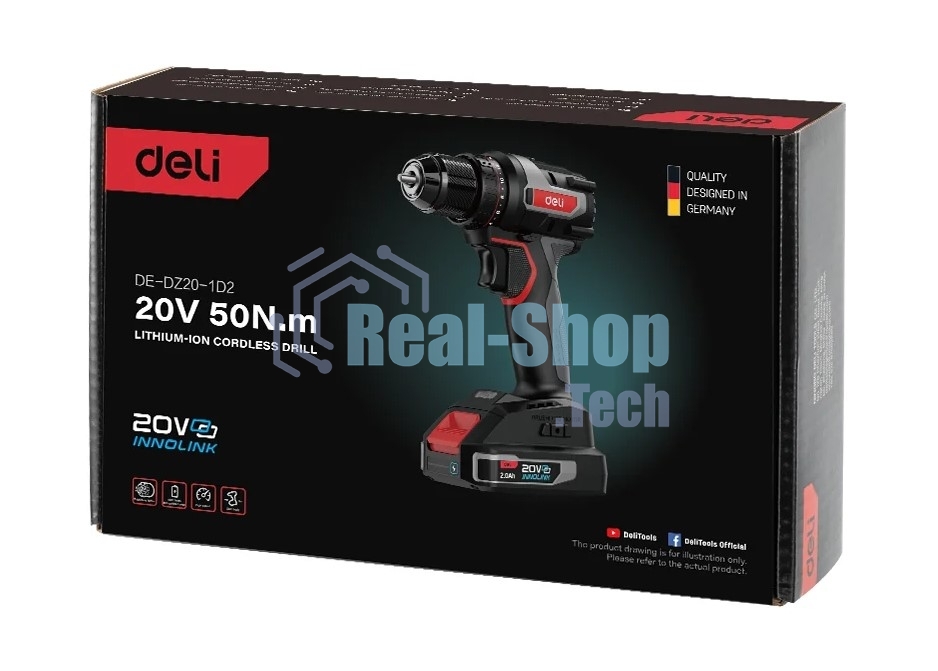 Дрель-шуруповерт Deli DE-DZ20-1D2, 20 В, 2 Ач, 50 Нм, бесщеточный