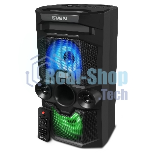 Мобильные колонки SVEN PS-655 2.0 черные (2x25W, mini Jack, USB Type-C, USB flash, Bluetooth, FM, micro SD, ПДУ, LED экран, 4400 мA, RGB подсветка)