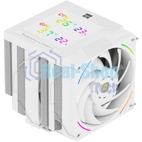 Кулер для процессора Thermalright Phantom Spirit 120 Digital SNOW (4-pin PWM, LED temp., 160mm, Ni/CU, 7x6mm, ARGB, 2x120mm, 69CFM, 27dBA, 2150RPM, S: 1851, 1700, 1200, 115X, AM5, AM4, white)