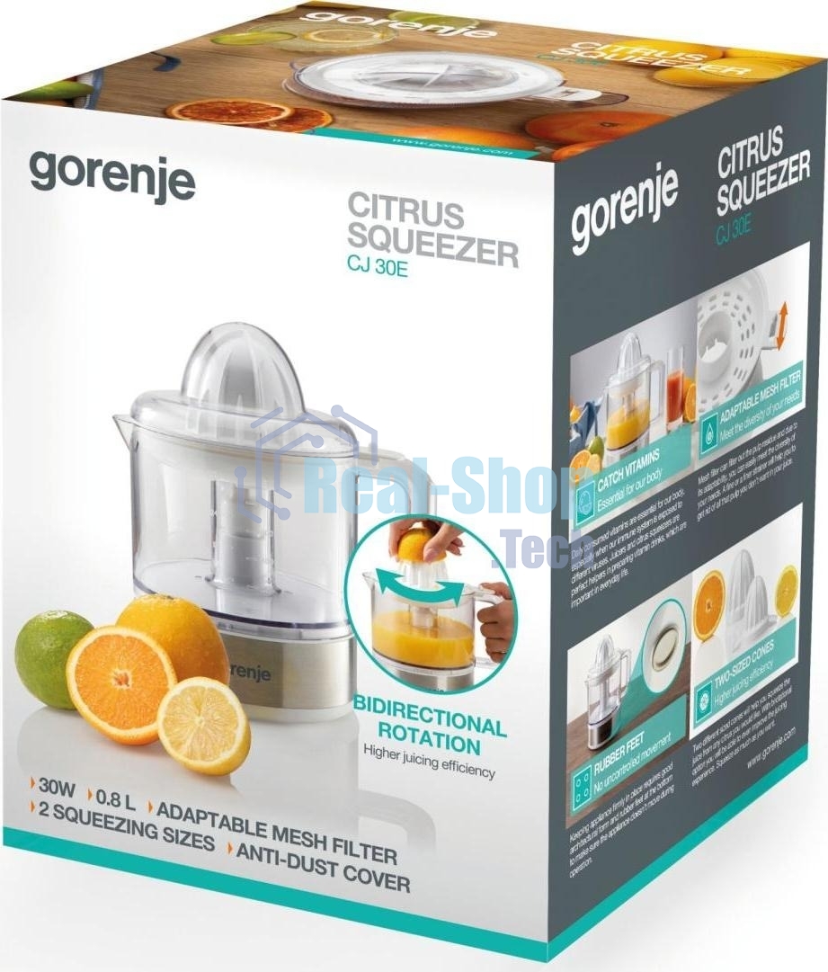 Соковыжималка Gorenje CJ30E белый/серебристый, цитрусовая, 30 Вт, 800 мл, механическое, реверс