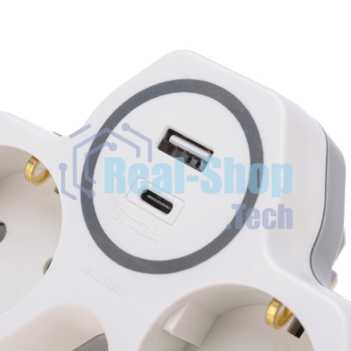 Двойник Rexant электрический (разветвитель) 16А с/з + USB-A + USB-C с защитными шторками, белый