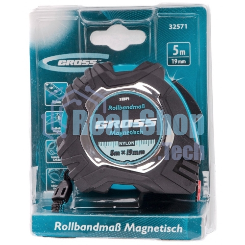 Рулетка Gross Magnetisch, 5 м х 19мм, обрезин. корпус, автоматич. фиксация, нейлон. покр., магн. зацеп