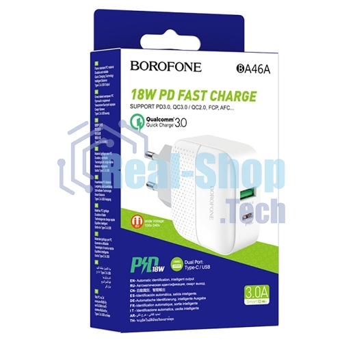 Сетевое зарядное устройство BOROFONE BA46A Premium, один порт USB, один порт Type-C, PD, 18W, 5V, 3.0A, белый