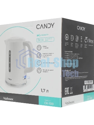 Электрочайник Candy CK-100 белый, 1.7 л, 2200 Вт, скрытый нагревательный элемент