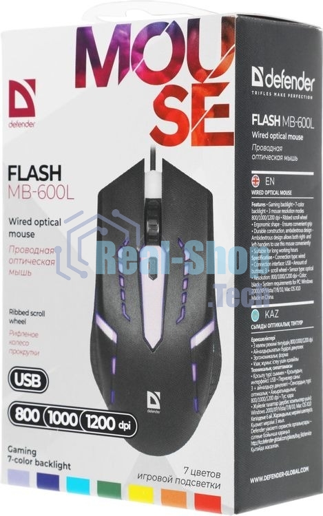 Мышь проводная Defender Flash MB-600L черный, 1200 dpi, USB, кнопки - 4