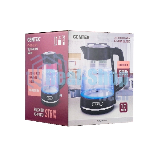 Чайник электрический Centek CT-1014 черный стекло 1.7 л, 2200 Вт, LED, Защита от перегрева, STRIX контроллер