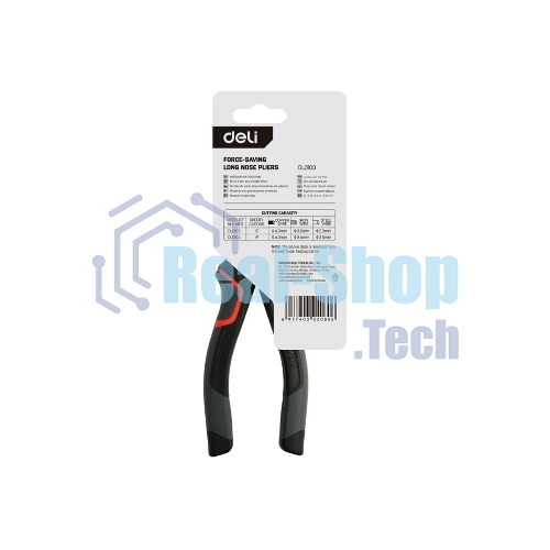 Удлиненные плоскогубцы Deli DL0103 160 мм, Cr-V, эксцентриковый шарнир, антикоррозийное покрытие, трехкомпонентная прорезиненная рукоять