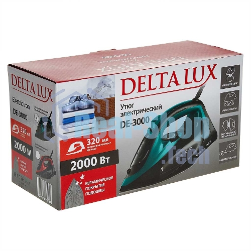 Утюг Delta Lux DE-3000 черный/бирюзовый, 2000 Вт, 20±5 г/мин, 130 г/мин, 320 мл