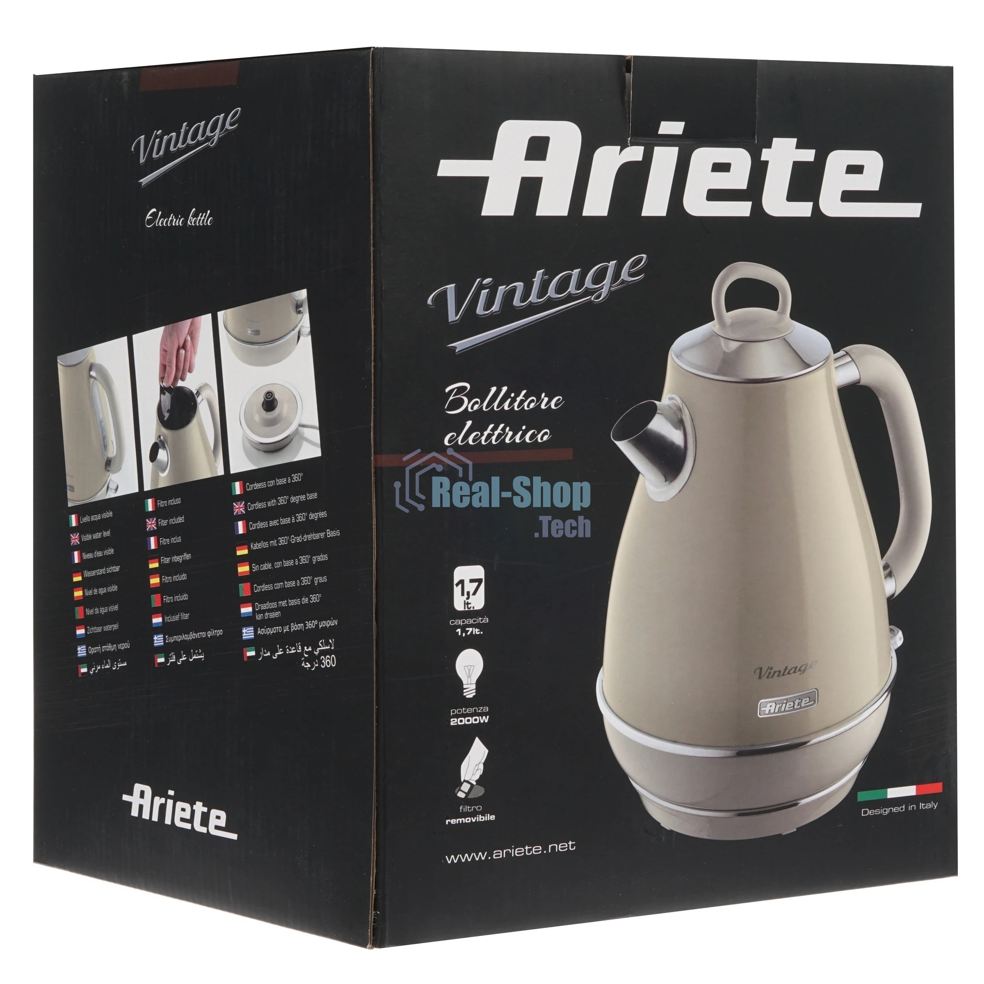 Электрочайник Ariete 2869/03 бежевый, 1.7 л, 2000 Вт, скрытый нагревательный элемент