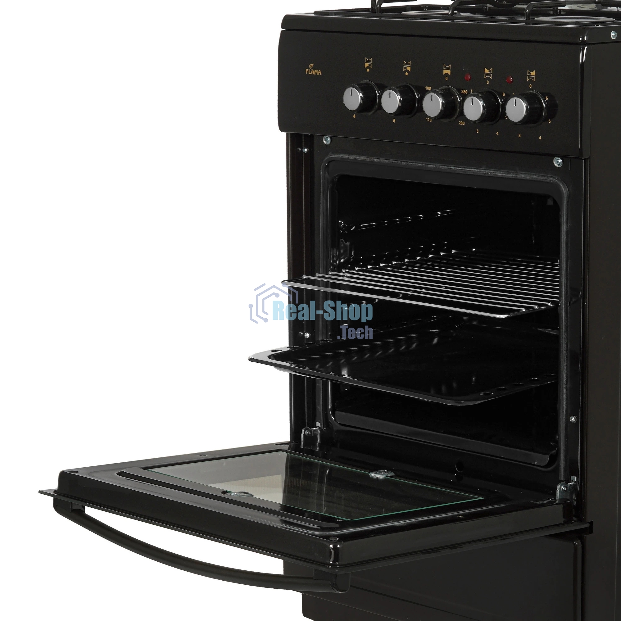 Плита комбинированная Flama RK 2201 B коричневый, конфорок 4 шт, духовка 50 л, 50 см x 85 см x 60 см