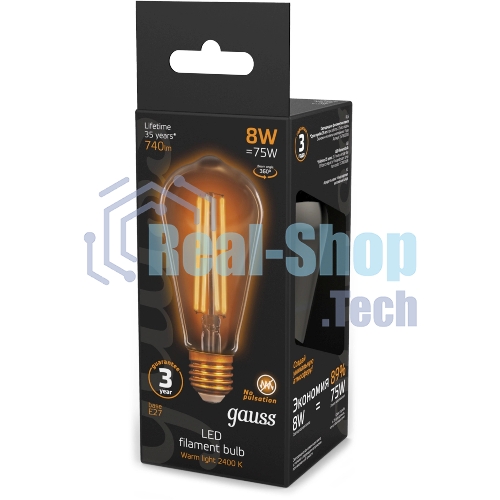 Лампа светодиодная филаментная Gauss Filament ST64 8Вт цок.: E27 эдисон 220B св. свеч. бел. теп. (упак.: 10 шт)