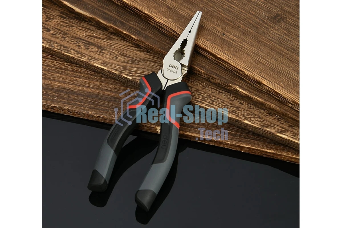 Удлиненные плоскогубцы Deli DL0103 160 мм, Cr-V, эксцентриковый шарнир, антикоррозийное покрытие, трехкомпонентная прорезиненная рукоять