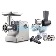 Мясорубка электрическая Moulinex ME858D32 серебристый, 2100 Вт, 5.5 кг/мин, реверс, защита от перегрузки, насадки - 8