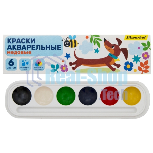 Краски акварельные Silwerhof 961139-06 Веселые друзья, медовые, 6 цветов, без кисти, картонная коробка