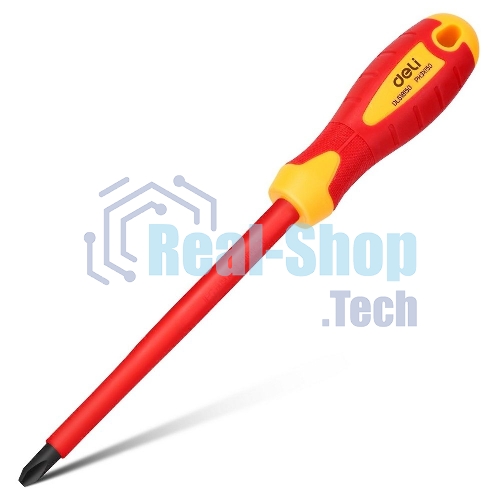 Диэлектрическая крестовая отвертка Deli DL518150 PH3х150 мм сталь Cr-V, сертификат VDE для работ под напряжением до 1000 В