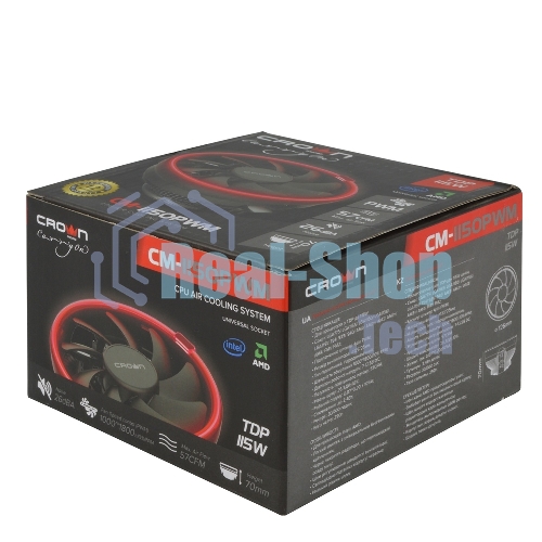Кулер для процессора Crown CM-1150PWM RED v2 черный, 105 мм, алюминий, 1800 об/мин, 26.3 дБ, 4 pin, 115 Вт, 70 мм