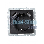 Розетка 1-местная IEK BRITE РЮш10-2-БрЧ (BR-R14-16-U21-D31-K02) с заземлением, с защитными шторками, 16А, с USB A+A 5В 3,1А, черный