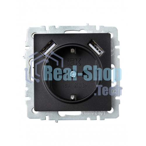 Розетка 1-местная IEK BRITE РЮш10-2-БрЧ (BR-R14-16-U21-D31-K02) с заземлением, с защитными шторками, 16А, с USB A+A 5В 3,1А, черный