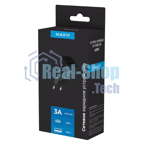 Сетевое зарядное устройство Maxvi A304 Type-C\USB 3A 15W, черный