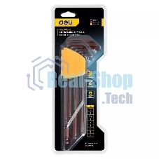 Ключ Deli Набор шестигранных ключей с шаром сверхдлинных Deli DL230809G 9 шт Cr-V, размеры 1,5,2,2,5,3,4,5,6,8,10мм, пластиковый держатель