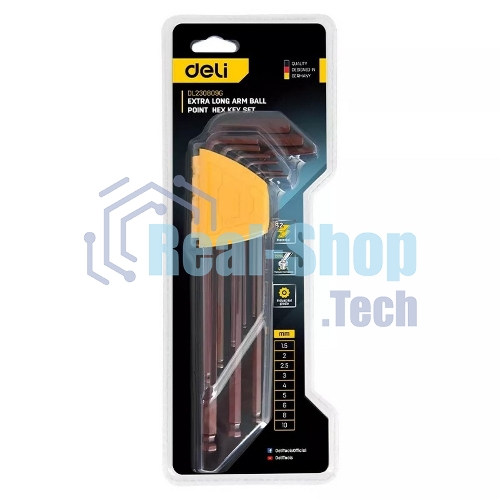 Ключ Deli Набор шестигранных ключей с шаром сверхдлинных Deli DL230809G 9 шт Cr-V, размеры 1,5,2,2,5,3,4,5,6,8,10мм, пластиковый держатель
