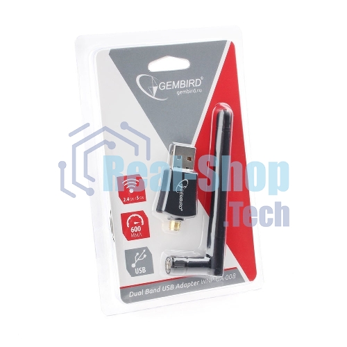 Сетевой адаптер Wi-Fi+Bluetooth Gembird WNP-UA-019, двухдиапазонный с антенной, 600Мбит, USB, 802.11b/a/g/n/a