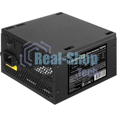 Блок питания ExeGate 750PPE, 750W, (ATX, APFC, SC, КПД 80% (80 PLUS), 12cm fan, 24pin, 2x(4+4)pin, 4xPCI-E, 6xSATA, 3xIDE, черный, кабель 220V 1,8м с защитой от выдергивания)
