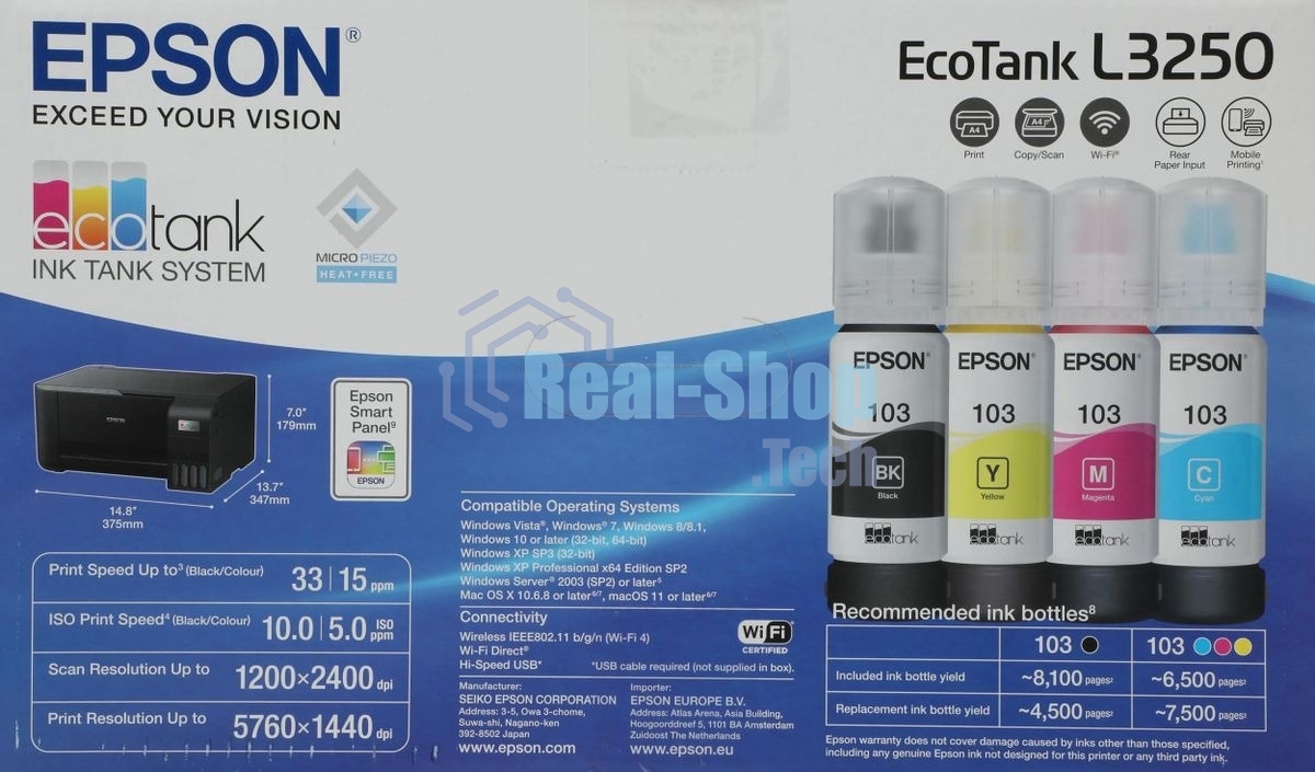 МФУ струйное Epson L3250 (C11CJ67412/C11CJ67418/C11CJ67405/C11CJ67408/C11CJ67503/C11CJ67508/C11CJ67523), A4, цветное, печ. до 33 стр/мин. (ч/б) до 15 стр/мин. (цвет), скан. до 11 стр/мин. (ч/б) 28 стр/мин. (цвет), 1440 x 5760 dpi (печать) 1200x2400dpi (скан.), USB, Wi-Fi