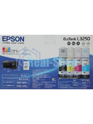 МФУ струйное Epson L3250 (C11CJ67412/C11CJ67418/C11CJ67405/C11CJ67408/C11CJ67503/C11CJ67508/C11CJ67523), A4, цветное, печ. до 33 стр/мин. (ч/б) до 15 стр/мин. (цвет), скан. до 11 стр/мин. (ч/б) 28 стр/мин. (цвет), 1440 x 5760 dpi (печать) 1200x2400dpi (скан.), USB, Wi-Fi