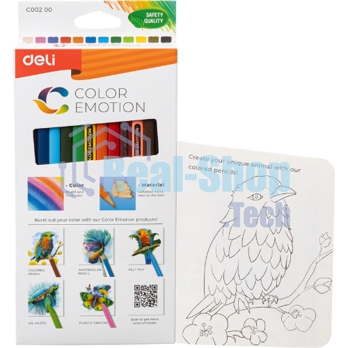 Карандаши цветные Deli EC00200 Color Emotion, трехгранный профиль, липа, 12 цветов, коробка с европодвесом (12шт)