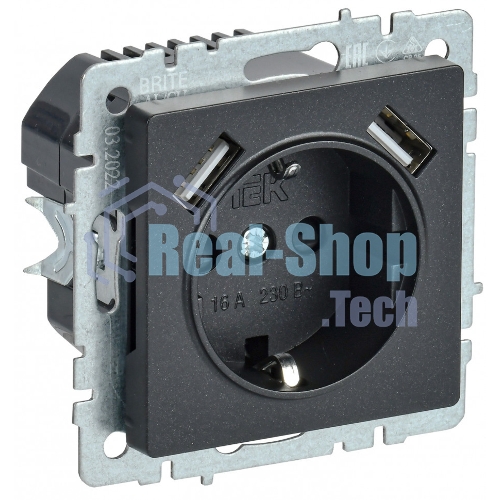 Розетка 1-местная IEK BRITE РЮш10-2-БрЧ (BR-R14-16-U21-D31-K02) с заземлением, с защитными шторками, 16А, с USB A+A 5В 3,1А, черный