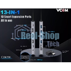 USB-концентратор VCOM CU4706, USB Type-C, HDMI/DP/USB3.0/TC/USB2.0/RJ45/SD/TF/PD/3.5 мм jack, USB Type-C