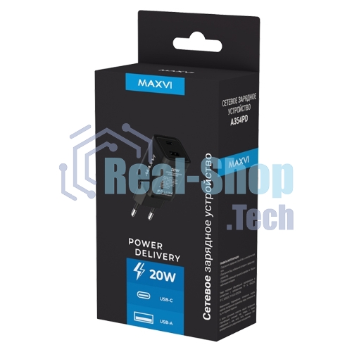 Сетевое зарядное устройство Maxvi A354PD Type-C 20W PD3.0 + USB 2.4A, черный