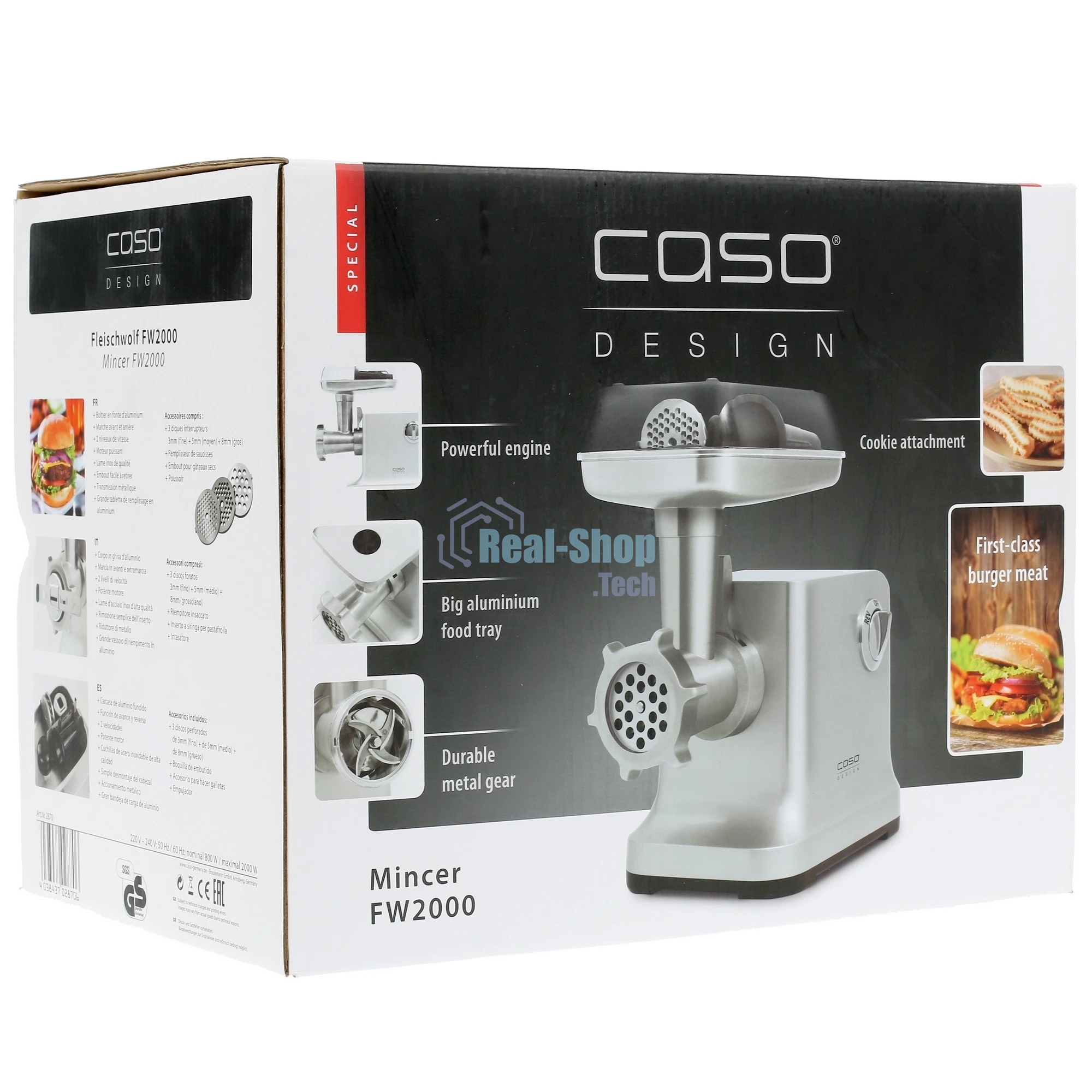 Мясорубка электрическая CASO FW 2000 серебристый, 2000 Вт, 2.5 кг/мин, реверс, защита от перегрузки, насадки - 5