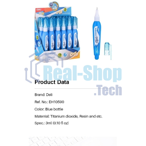 Ручка корректор Deli EH10590 голубой, корпус белый 3мл, дисплей картонный