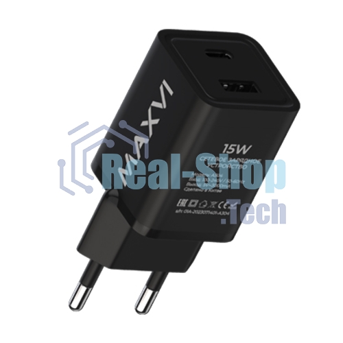 Сетевое зарядное устройство Maxvi A304 Type-C\USB 3A 15W, черный
