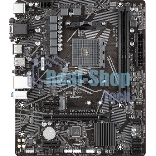 Материнская плата Gigabyte A520M S2H, AM4, AMD A520, 2xDDR4, 4xSATA, 1xM.2, 1xPCIe 3.0 x16, 2xPCIe x1, 1xHDMI, 1xDVI-D, 1xVGA, 1x 1Gb LAN, 4xUSB-A 3.2 Gen 1, 2xUSB-A 2.0, 3x3.5 мм, 7.1, mATX