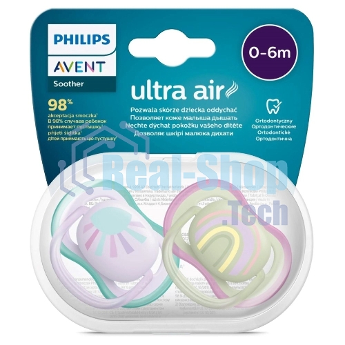 Пустышка Philips Avent ultra air, солнышко/радуга, для девочек, 0-6 мес., 2 шт.