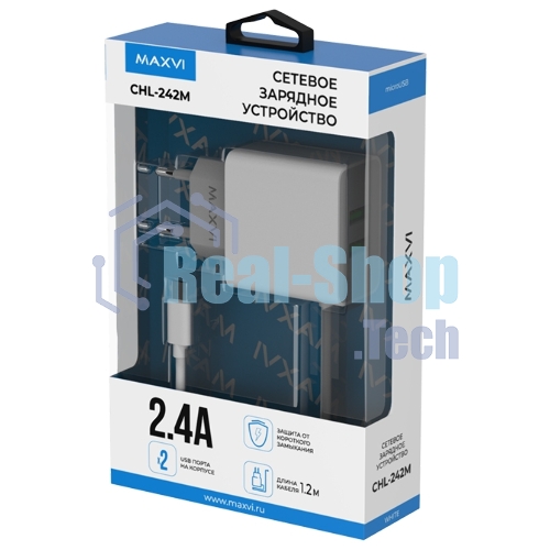 Сетевое зарядное устройство Maxvi CHL-242M 2.4A, with microUSB cable, 2хUSB-A, белый