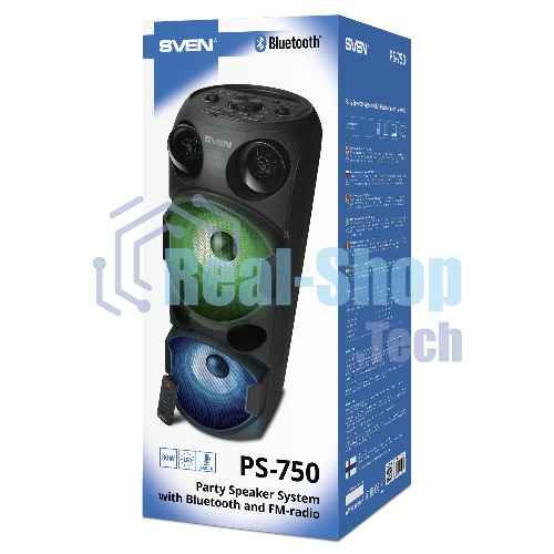 Колонка АС SVEN PS-750, черный (80 Вт, TWS, Bluetooth, FM, USB, microSD, LED-дисплей, 2х4400мА*ч)