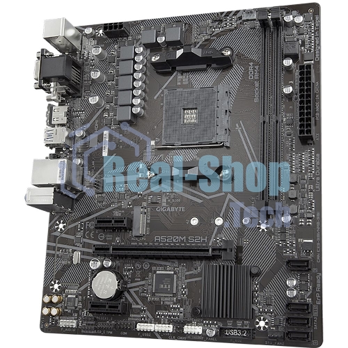 Материнская плата Gigabyte A520M S2H, AM4, AMD A520, 2xDDR4, 4xSATA, 1xM.2, 1xPCIe 3.0 x16, 2xPCIe x1, 1xHDMI, 1xDVI-D, 1xVGA, 1x 1Gb LAN, 4xUSB-A 3.2 Gen 1, 2xUSB-A 2.0, 3x3.5 мм, 7.1, mATX